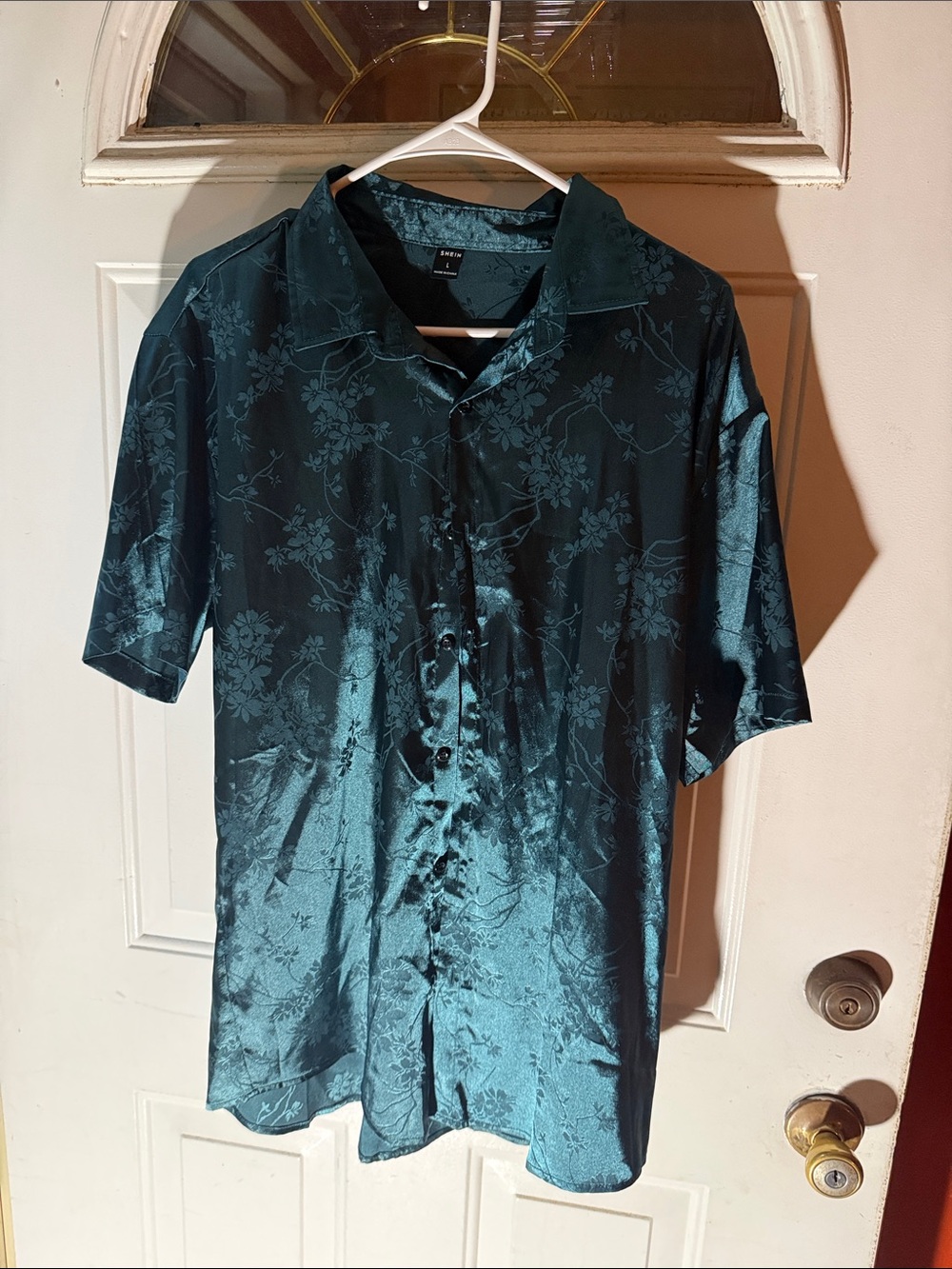 SHEIN Teal Floral Satin Short Sleeve Button-Down Shirt